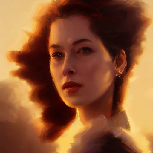 Prompt: closeup portrait of esme bianco, dramatic lighting, city background, sunset, chiaroscuro, complementary contrast high detail, painted by greg rutkowski, painted by igor kieryluk, painted by bobby chiu, trending on artstation