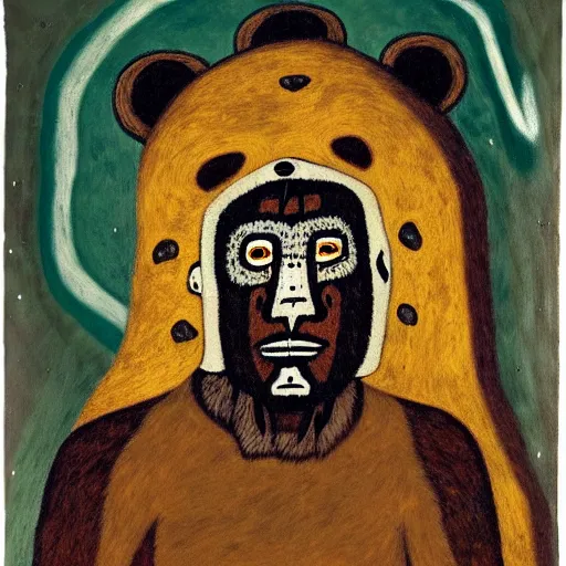 Image similar to portrait of shaman in a bear mask, paleolithic cave paining