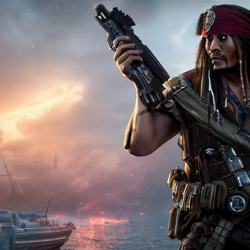 Prompt: captain jack sparrow in gears of war, splash art, movie still, cinematic lighting, dramatic, octane render, long lens, shallow depth of field, bokeh, anamorphic lens flare, 8 k, hyper detailed, 3 5 mm film grain