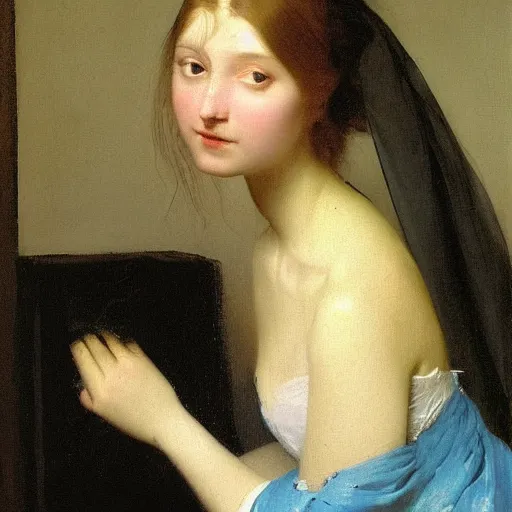 Prompt: a young woman’s face, her hair is white, she wears a long flowing blue satin veil, by ivan aivazovsky and pieter claesz and willen claesz heda and gerard ter borch and aelbert cuyp and paul delaroche and august malmstrom and alma tadema and carl gustav carus, fine detail, hyperrealistic, rendered in octane