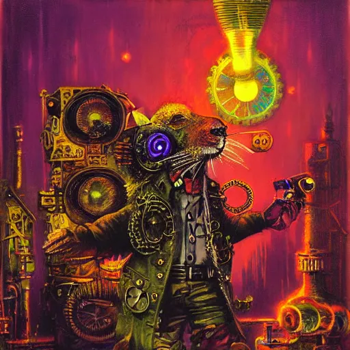 Image similar to steampunk rat, acid, 303, psychedelic, by paul lehr