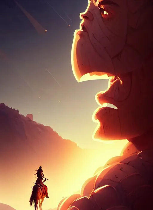 Prompt: close up picture of a big giants colossus knight, and a extremely beautiful and cute and aesthetic girl riding on his shoulder, crossing the desert, dynamic pose, highly detailed face, intricate, smooth, sharp focus, trending on artstation, art by ilya kuvshinov and anato finnstark and rembrandt and quentin mabille, fantasy illustration, epic light novel cover art