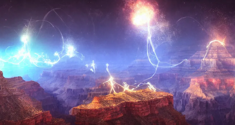 Image similar to night, a lot of people and a white luminous attractor is floating in grand canyon, concept art, art for the game, professional lighting, art