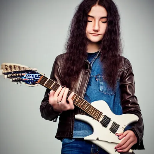 Image similar to 19-year-old girl wearing leather jacket and denim jeans, permed hair, holding electric guitar, stoner rock, HD photograph, heavy rock concert, live concert footage