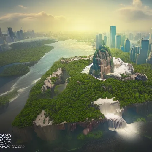 Image similar to new york surrounded by waterfalls on a floating island in the sky, low poly art, isometric art, 3d render, ray tracing, high detail, artstation, concept art, behance, smooth, sharp focus, ethereal lighting, unreal engine 5