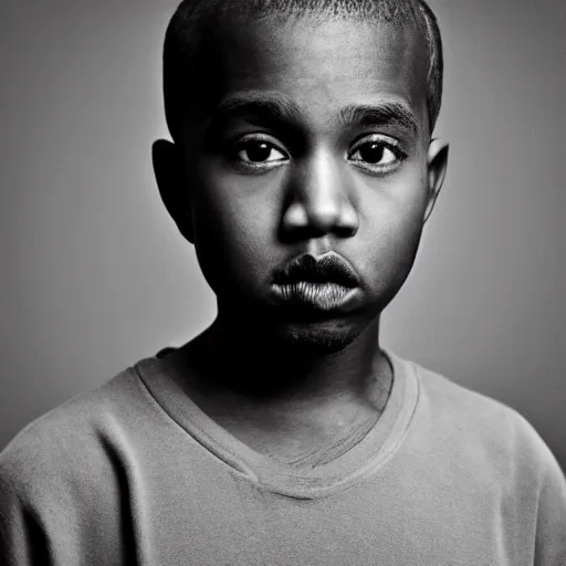 Image similar to the face of young kanye west wearing yeezy clothing at 8 years old, black and white portrait by julia cameron, chiaroscuro lighting, shallow depth of field, 8 0 mm, f 1. 8