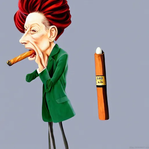 Image similar to an oil painted caricature of tilda swinton with a cuban cigar in her hand, blowing out smoke, by salvador dalí, trending on art station, 4K, studio ghibli color scheme