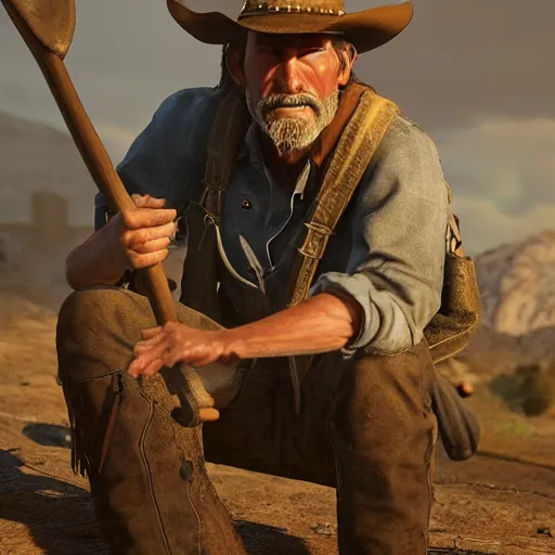 Prompt: a cowboy from the old west sit on the ground sobbing and crying with a small hole and a broken shovel near a riverbend with desperation and frustration rendered in unreal engine highly detailed