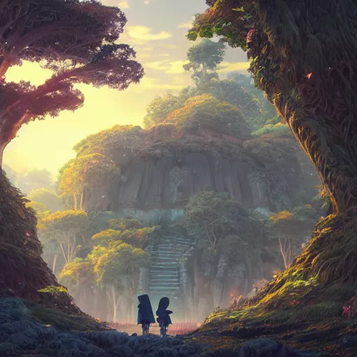 Image similar to mythical glowing ruins, beautiful ancient trees, hiding large treasure chest, serene evening atmosphere, soft lens, soft light, cel - shading, animation, in the style of cgsociety, deviantart, artstation, zbrush, cinema 4 d, studio ghibli, akihiko yoshida, atelier lulua, masamune shirow