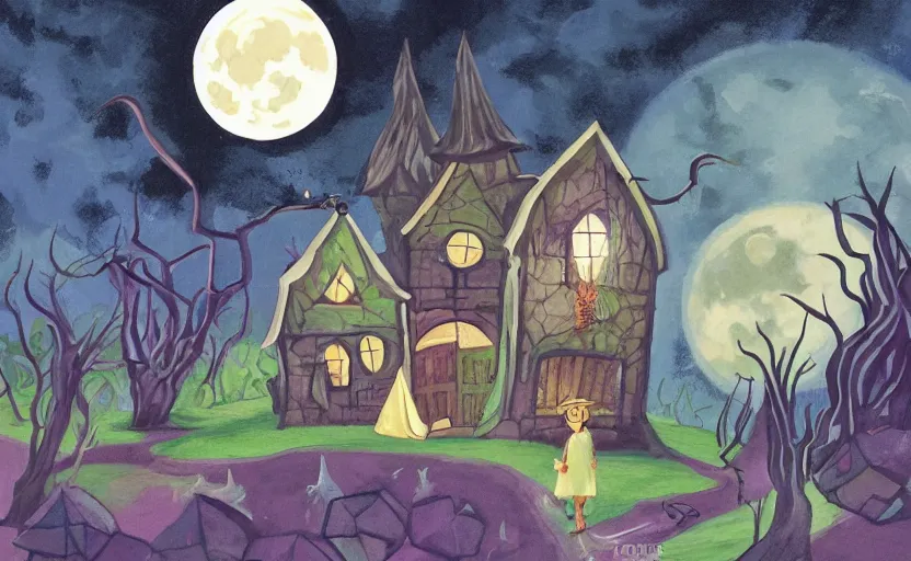 Image similar to a witch's shop against a giant moon, storybook, gouache, flat, concept art, lush