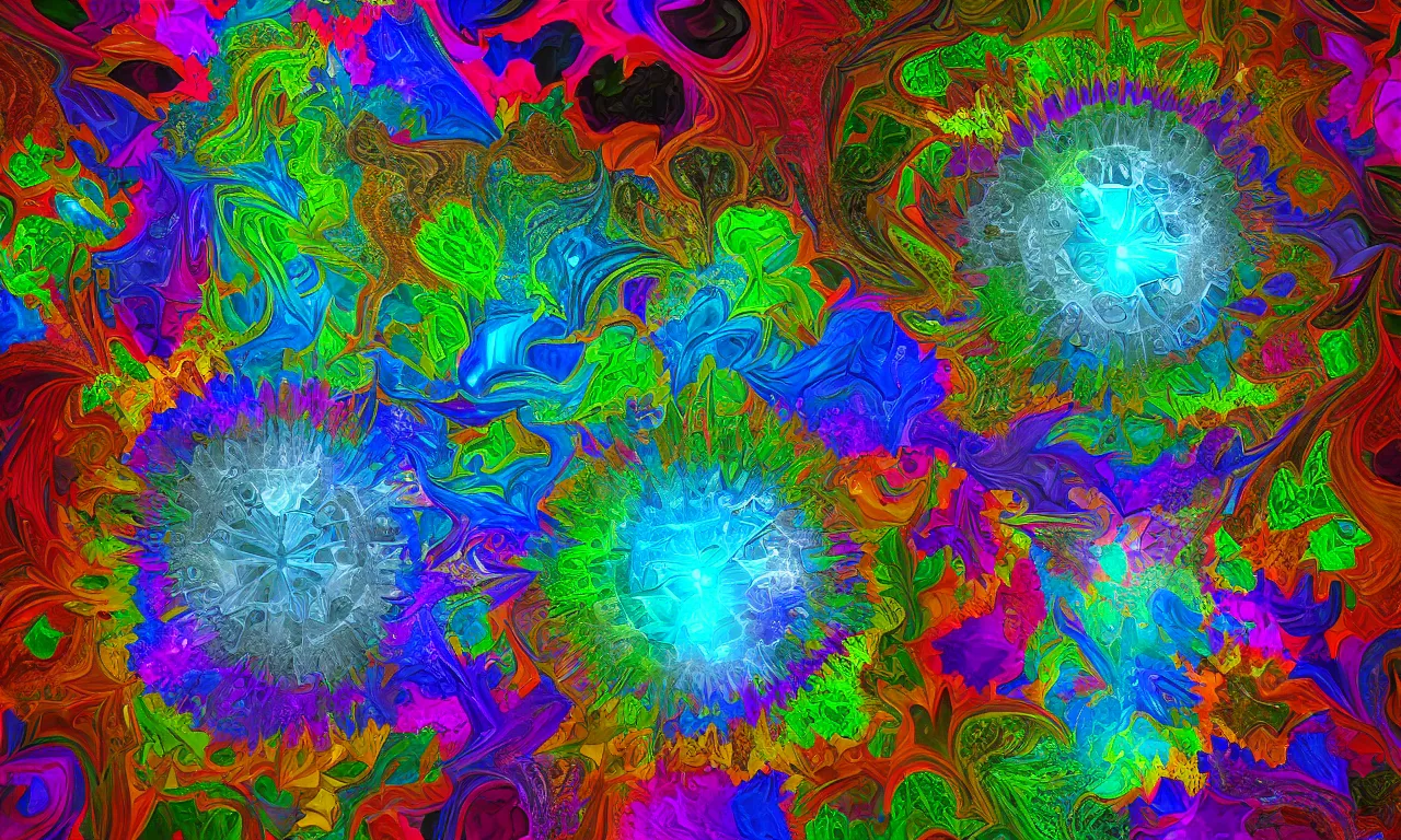 Image similar to acrylics blob voronoi engine laboratory 3 d volume kaleidoscope mandala fractal chakra digital multicolor stylized concept substance liquid nebula stone, a spectacular view cinematic rays of sunlight comic book illustration, by john kirby radiating a glowing aura global illumination ray tracing hdr depth fog overlay multiply photoshop layer