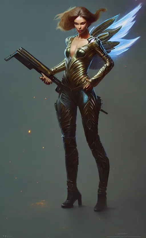 Image similar to full body portrait of a female fantasy angel with a shotgun surrounded by lightning, smooth and sharp, trending on artstation, fine details, elegant, dynamic pose, detailed and intricate environment, professional by tatyana kupriyanova and greg rutkowski and raymond swanland