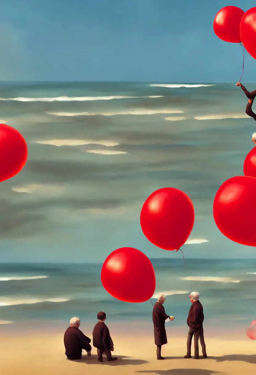 Image similar to lonely old men on the beach, holding red balloons. extremely high fidelity, 8 k, super resolution, cinematic view, super resolution, epic, hyperdetailed, digital painting, artstation, concept art, smooth, sharp focus, octane render, dramatic lighting, art by artgerm and greg rutkowski and alphonse mucha and wlop
