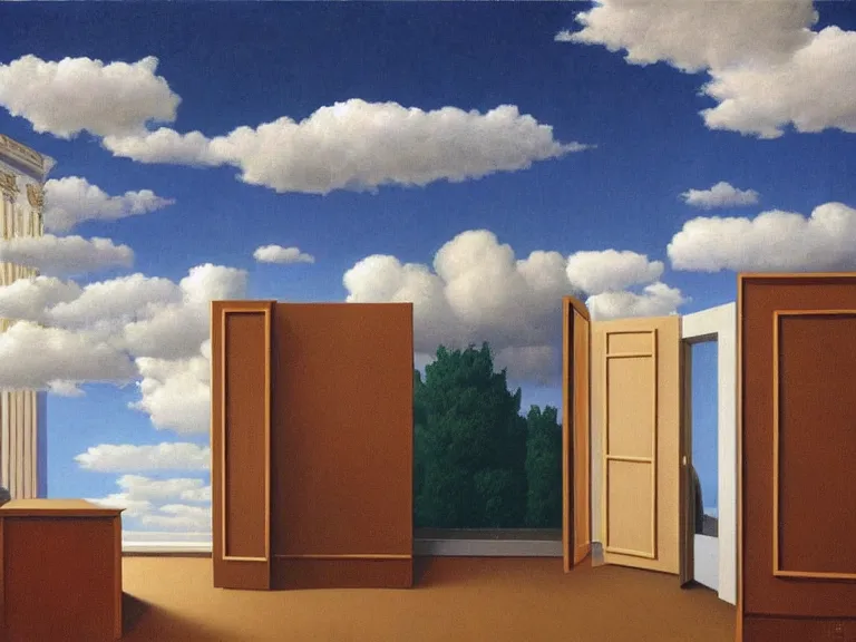 Image similar to room with clouds wallpaper, painting by rene magritte, centered, high detail, high resolution