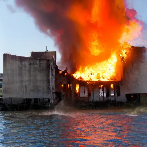 Prompt: photo of a burning building underwater