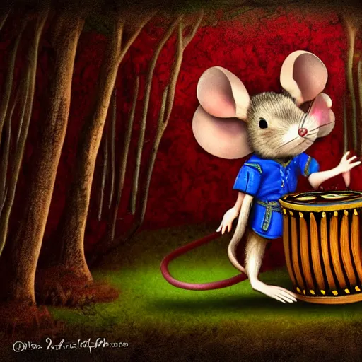 Image similar to mouse with drum, musician dress, fantasy forrest background, digital art, close up