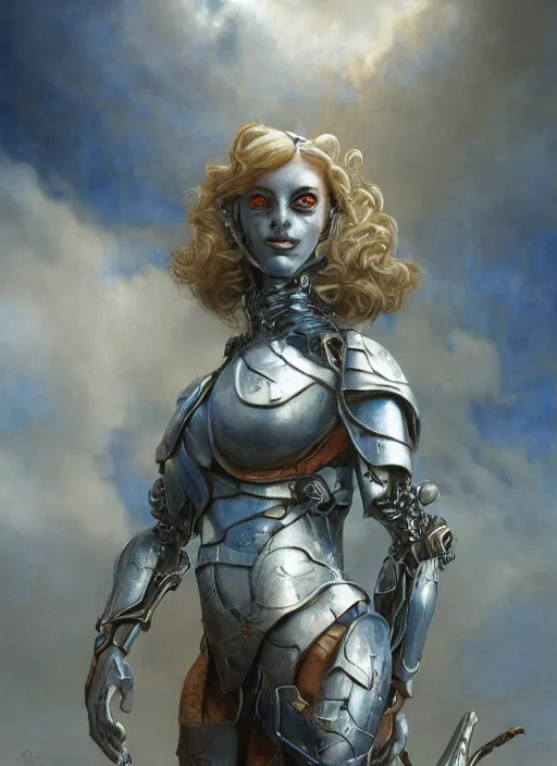 Prompt: symmetry! closeup portrait of a beautiful biblical diabolical agile girl, in reflective porcelain cyborg armor, in clouds, cinematic studio light! windy, sunrise, by gerald brom, by mikhail vrubel, by peter elson, high contrast, muted colors, extreme detail, trending on artstation, 8 k