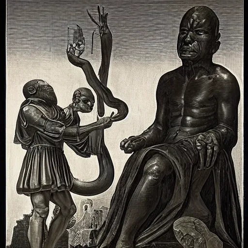 Image similar to The sculpture shows a the large, black-clad figure of the king looming over a small, defenseless figure huddled at his feet. The king's face is hidden in shadow, but his menacing stance and the large, sharp claws on his hands make it clear that he is a dangerous and powerful creature. by Hendrick Goltzius, by Grant Wood, by W. Heath Robinson lush