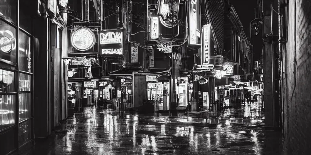 Prompt: dreary alley nightlife rain neon signs crowded futuristic retro streetlight