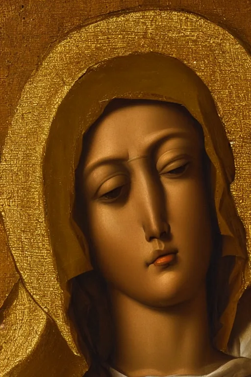 Prompt: Virgin Mary, suffering face, closeup, ultra detailed, made in gold, Guido Reni style