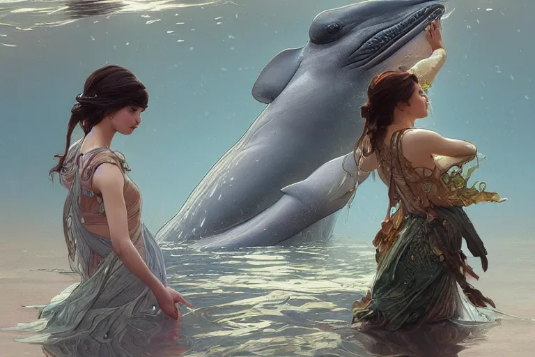 Image similar to painting of under the water, wearing beautiful clothes, hyper detailed cg rendering of a cute girl and whale, elegant, highly detailed, digital painting, artstation, concept art, smooth, sharp focus, illustration, art by artgerm and greg rutkowski and alphonse mucha, 8 k