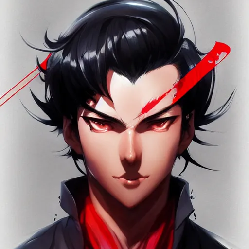 Image similar to anime portrait of a slick black hair guy with red eyes by stanley artgerm lau, wlop, rossdraws, james jean, andrei riabovitchev, marc simonetti, and sakimichan, trending on artstation