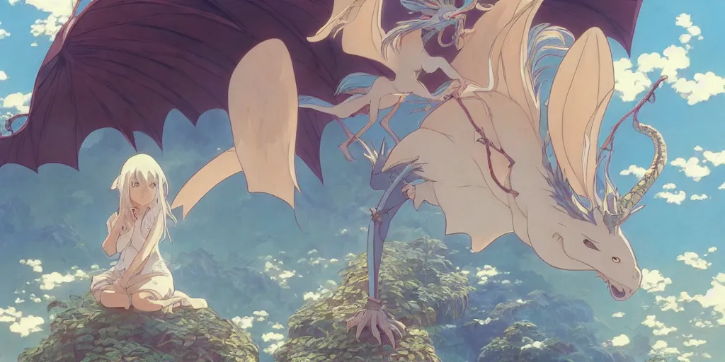 Image similar to the girl and the magic dragon. anime visual, early in the morning. by hayao miyazaki and rossdraws and artgerm and greg rutkowski and alphonse mucha. anime production by studio ghibli. high quality, stunning, intricate detailed environment. 8 k