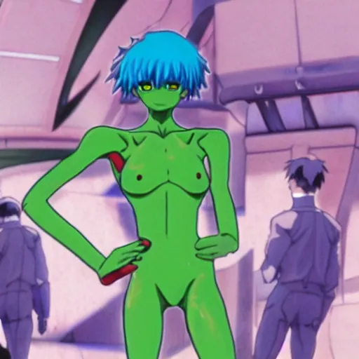 Prompt: Stills from the anime Neon Genesis Evangelion of Kermit the Frog dressed as Rei Ayanami