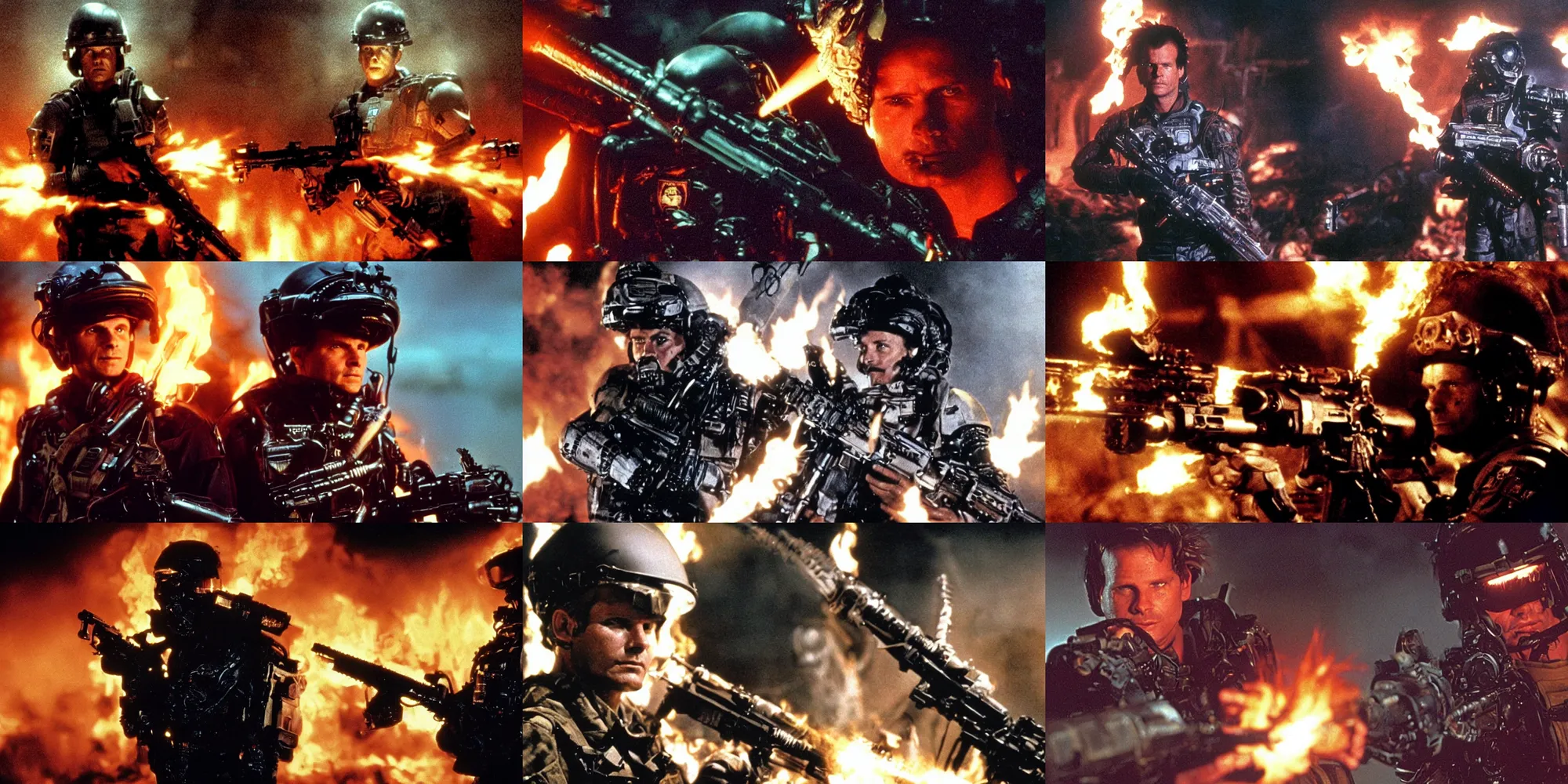 Prompt: Portrait of Colonial Marine Hudson (30 year old Bill Paxton) holding a M41A pulse rifle, spikey hair, wearing armor and helmet, darkness and flames, dramatic lighting , film still from Aliens by James Cameron 1986