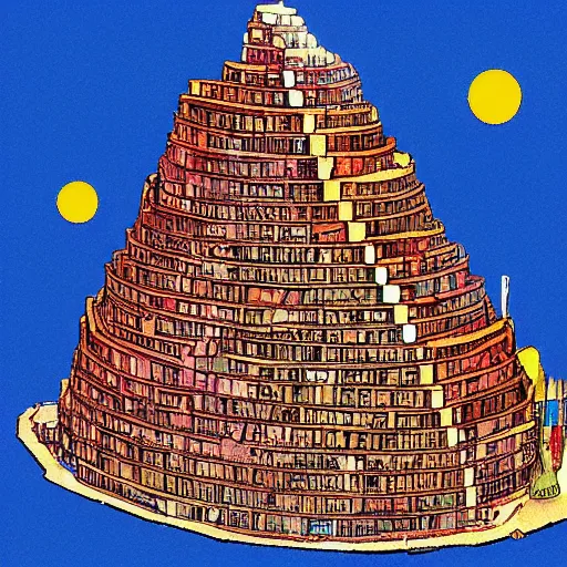 Image similar to a simplified, stylized version of the Tower of Babel, colorful