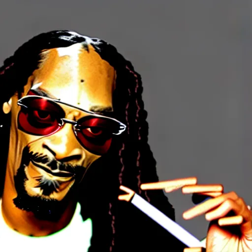 Image similar to Snoop Dog with big eyes eye color red , smiling and holding a joint in his hand