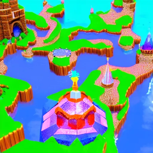 Prompt: lost Mario 64 level, mystical castle made of crystals with spiral staircase leading to the towering spire, island in the night sky full of stars and rainbows, shimmering water full of cherry blossom leaves, low poly, game screenshot