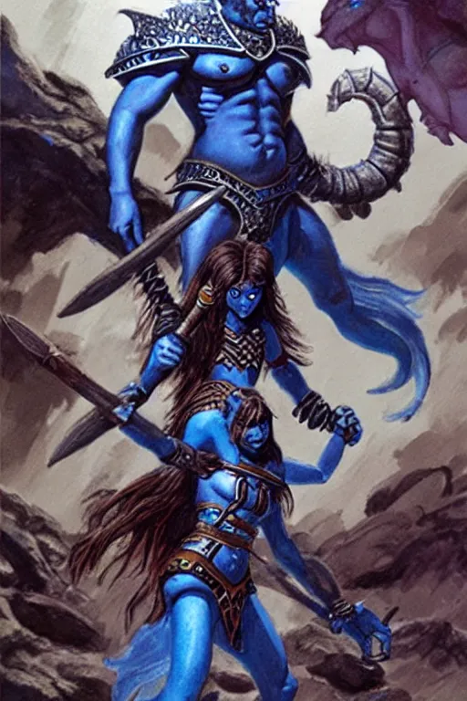 Image similar to a small blue-skinned triton girl wearing scale armor riding on a the shoulders of a large male goliath wearing fur and leather armor, dnd concept art, painting by Jeff Easley