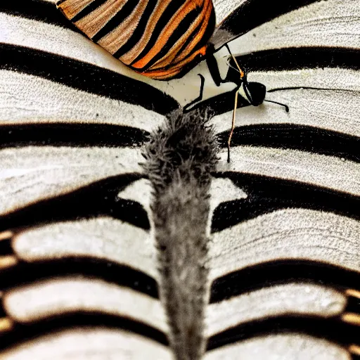 Prompt: a macro photo of a butterfly with zebra patterns resting on a leaf in the garden, background bokeh