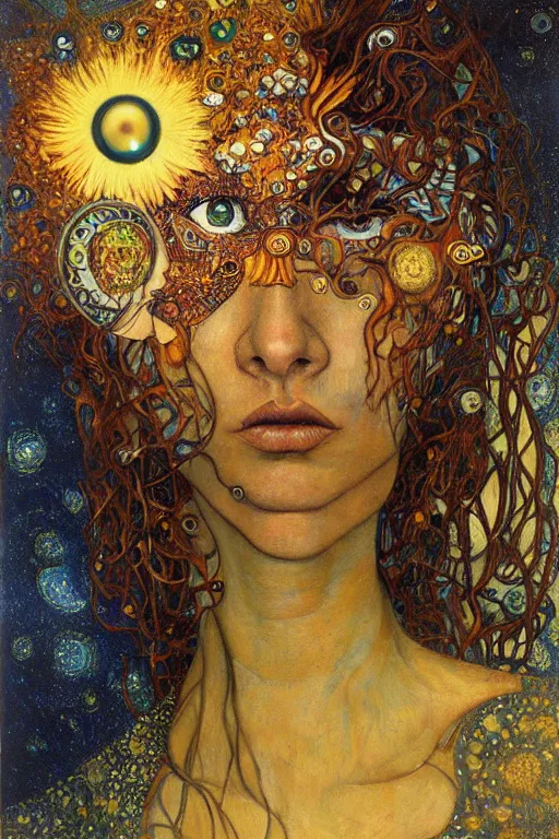 Image similar to Metamorphosis by Karol Bak, Jean Deville, Gustav Klimt, and Vincent Van Gogh, transformation portrait, visionary, otherworldly, fractal structures, ornate gilded medieval icon, third eye, dynamic, spirals