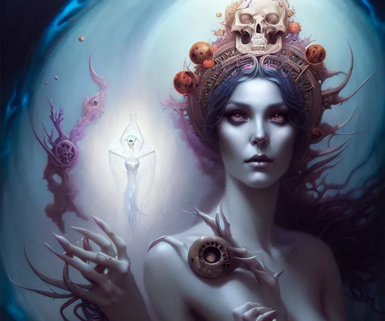 Image similar to mix media, stunning anima goddess of the void by charlie bowater and tom bagshaw, insanely detailed, artstation, psychedelic art. atoms surrounded by skulls and spirits deep under the sea, horror, sci - fi, surrealist painting, by peter mohrbacher anato finnstark