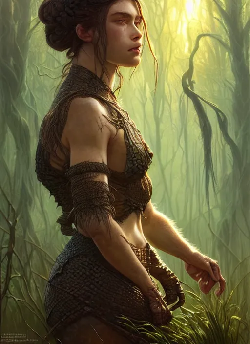 Prompt: Handsome werelizard adventurer, reptile skin, swamp landscape, fantasy magic, braids , dark light night, intricate, elegant, sharp focus, illustration, highly detailed, digital painting, concept art, matte, art by WLOP and Artgerm and Greg Rutkowski and Alphonse Mucha