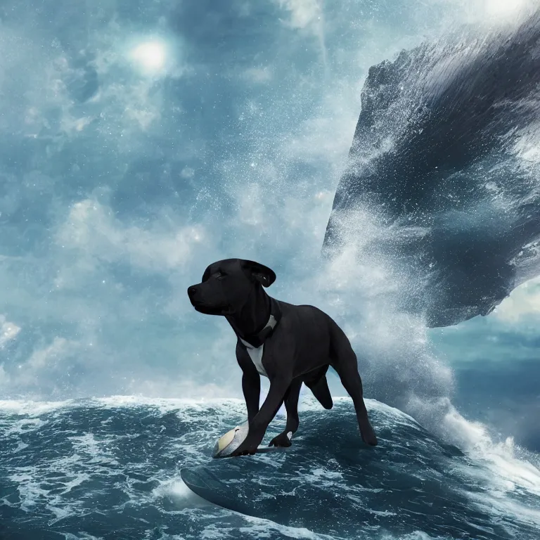 Image similar to photo of a dark gray black pit bull with a white paws, surfing on a surfboard in a crashing wave of alien ocean in space, background is an alien galaxy, aliens in the background, alien colors, octane render, unreal engine, wide view, 8 k, high detaild