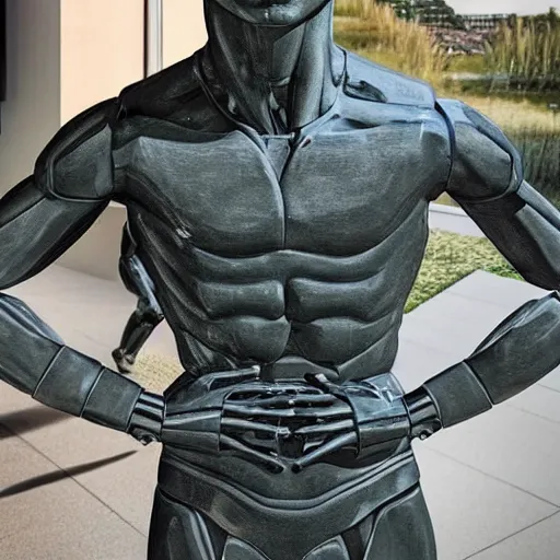 Image similar to a realistic detailed photo of a guy who is an attractive humanoid who is half robot and half humanoid, who is a male android, soccer player martin ødegaard, shiny skin, posing like a statue, blank stare, by the pool, on display, showing off his muscles, humanoid robot, frozen ice statue