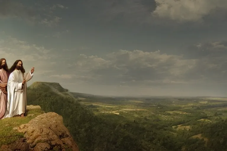 Prompt: a unique digital photo of jesus and mary magdalene standing on a cliff looking over a beautiful landscape in france, rennes - le - chateau, award winning photo, very detailed, very realistic cinematic