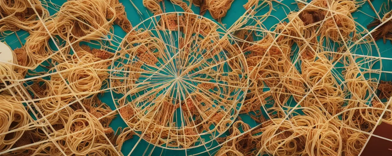 Image similar to euclid discovers geometry with spaghetti, greece, kodachrome, in the style of wes anderson, retro