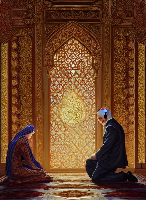 Prompt: vladimir putin praying in the mosque, intricate, elegant, highly detailed, my rendition, digital painting, artstation, concept art, smooth, sharp focus, illustration, art by artgerm and greg rutkowski and alphonse mucha and uang guangjian and gil elvgren and sachin teng,