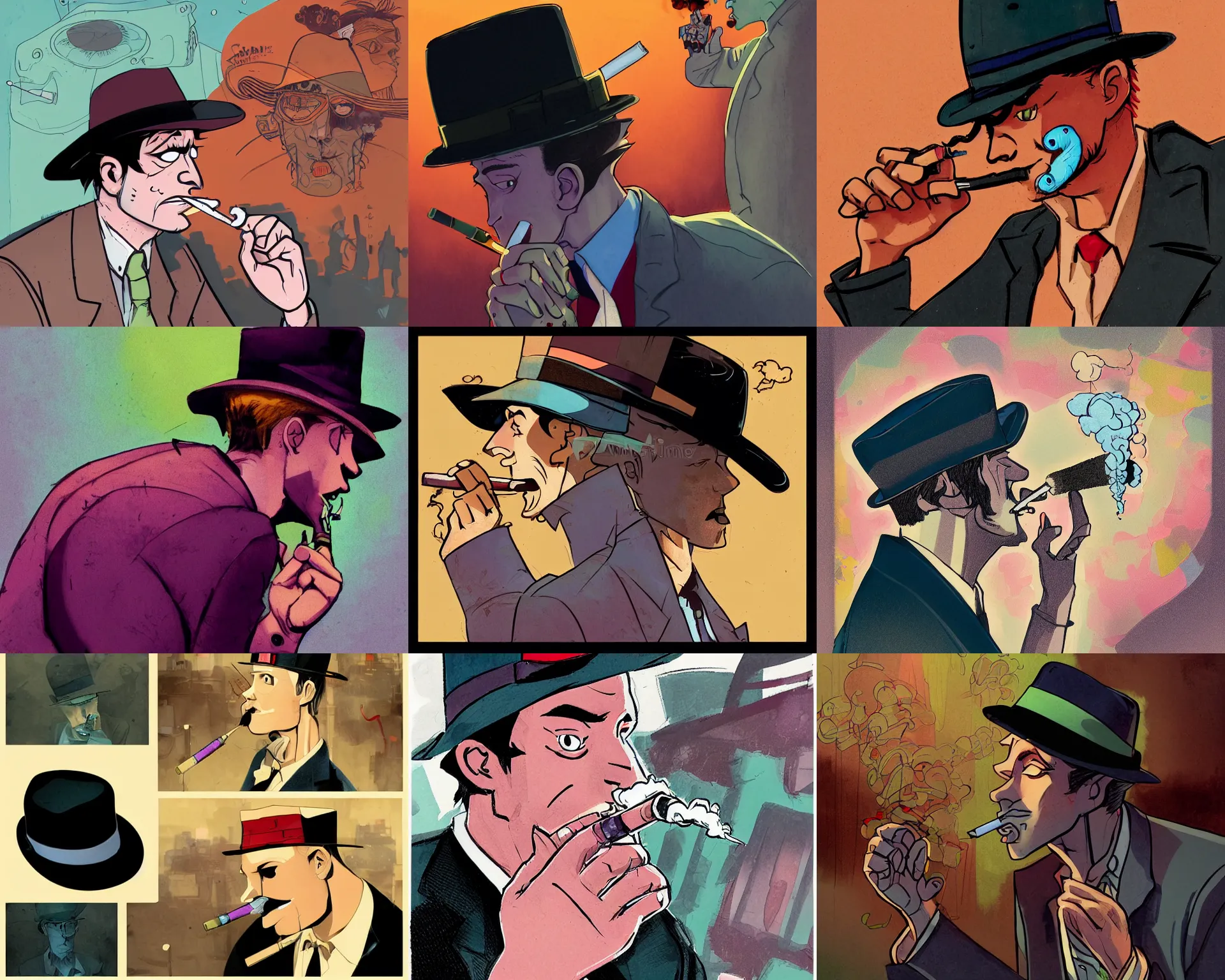 Prompt: a study of cell shaded cartoon of a noir detective wearing a fedora hat and smoking a cigarette, side view, illustration, picture from behind, vibrant colors, post grunge, concept art by josan gonzales and wlop, by james jean, Victo ngai, David Rubín, Mike Mignola, Laurie Greasley, highly detailed, sharp focus, alien, Trending on Artstation, HQ, deviantart, art by artgem, black and white