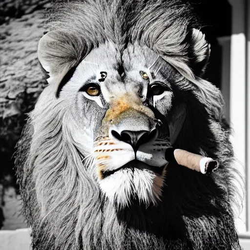 Image similar to a very detailed photo of a lion ( smoking a cigar ) outside the mansion by the pool