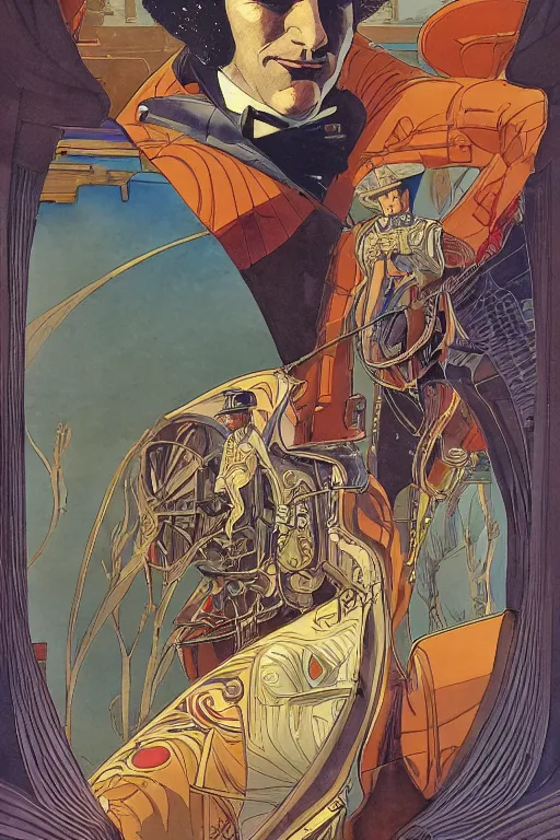 Prompt: zoomed out portrait of a duke, victorian era, art deco style, stylized illustration by moebius, juan gimenez, watercolor gouache detailed paintings in style of syd mead, metabaron, ghibli studio vibe, vivid colorful comics style, clean line, diesel punk,