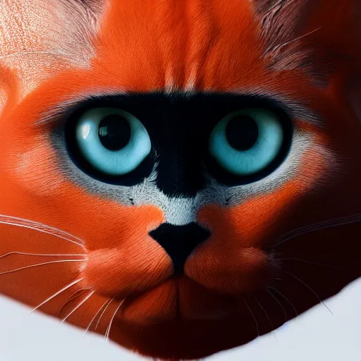 Prompt: 3 d rendered hyper realistic hyper detailed calico cat droid wearing an orange cat - shaped darth vader helmet, octane render, blender, 8 k