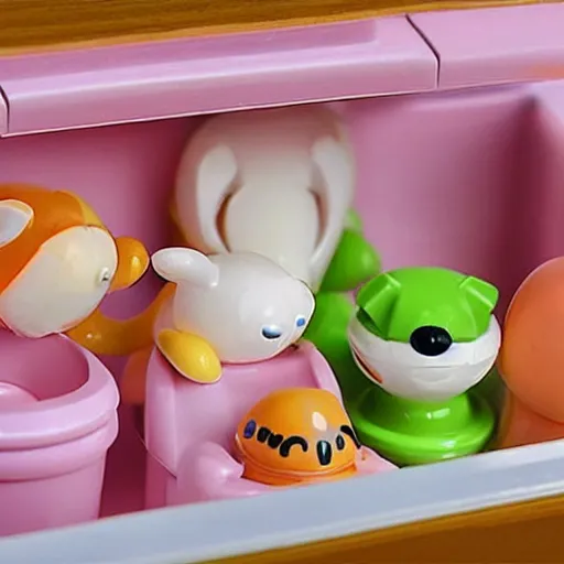 Image similar to some cute plastic toys that look like animal characters washing dishing in the kitchen, pastel colors