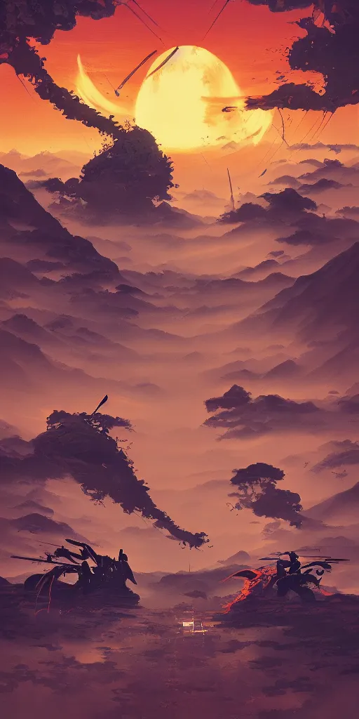 Image similar to duel of two samurai!!! a highly detailed cinematic oil painting by roger dean and alena aenami, dynamic lighting