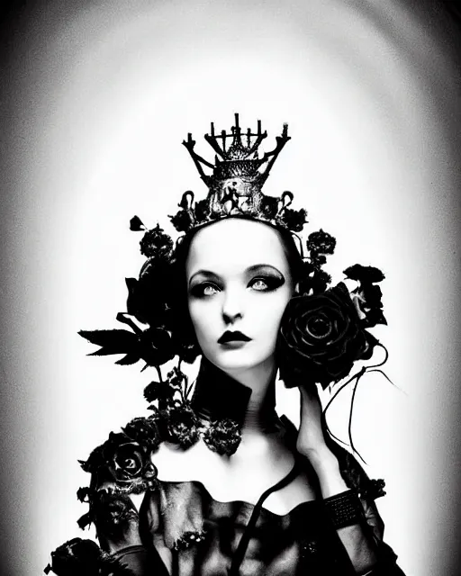 Image similar to a black and white high quality dreamy photo of a young beautiful female queen-pale dragon-vegetal-many big steampunk flowers-cyborg bust with a very long neck, elegant, highly detailed, poetic, soft, dreamy, mysterious, high fashion, rim light, in the style of Ellen von Unwerth, Realistic, Refined, Digital Art, Highly Detailed, Cinematic Lighting, rim light, black and white, photo-realistic, 8K