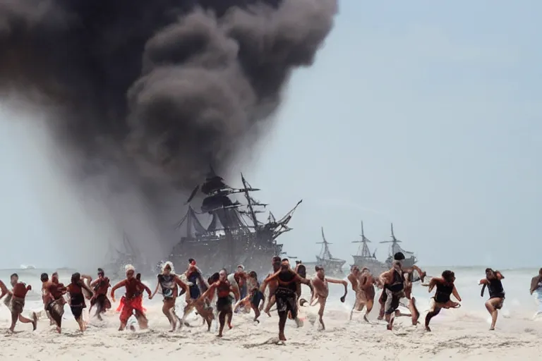 Prompt: closeup pirate crew running down beach as pirate ship fires canons, sand explosion 2 0 0 mm by emmanuel lubezki